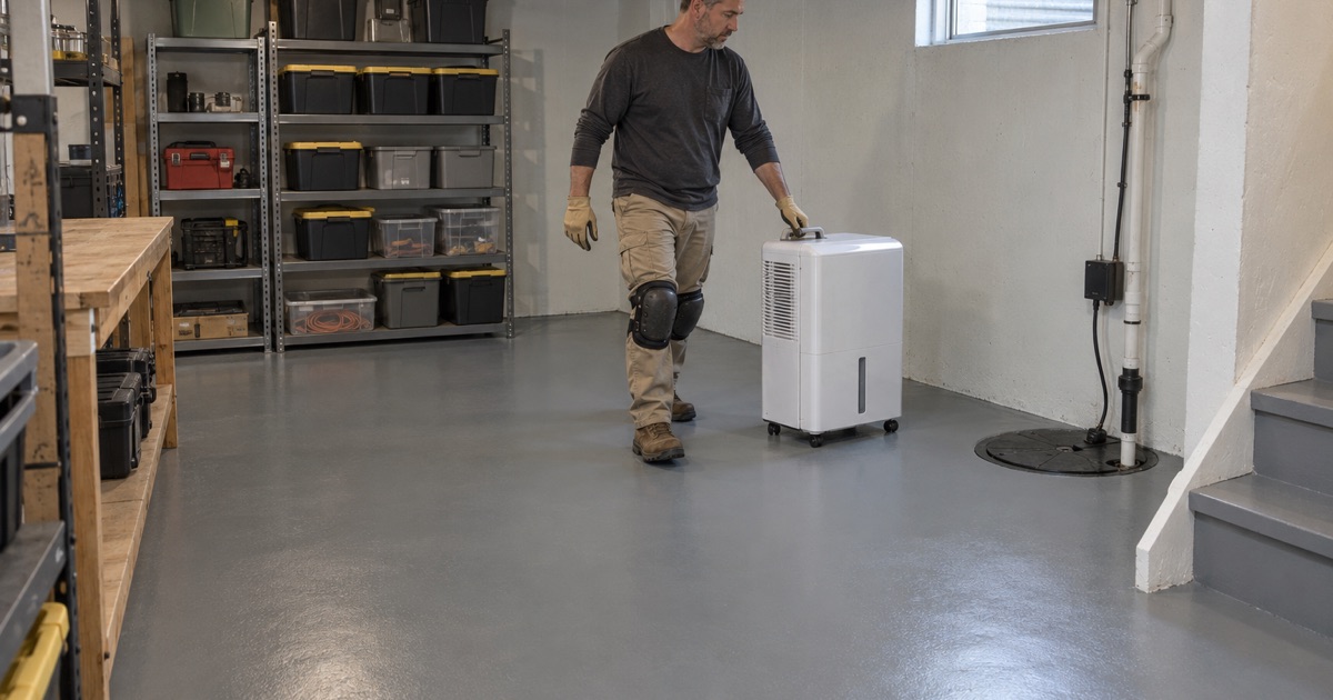 A dehumidifier rolled into place on a new solid gray epoxy basement floor in a Bolingbrook house.