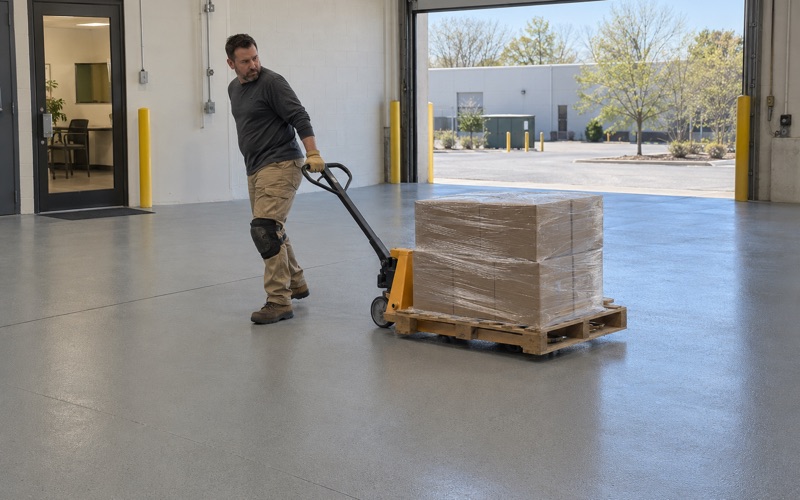 A pallet jack rolled across the new coated floor of a Bolingbrook flex industrial bay.