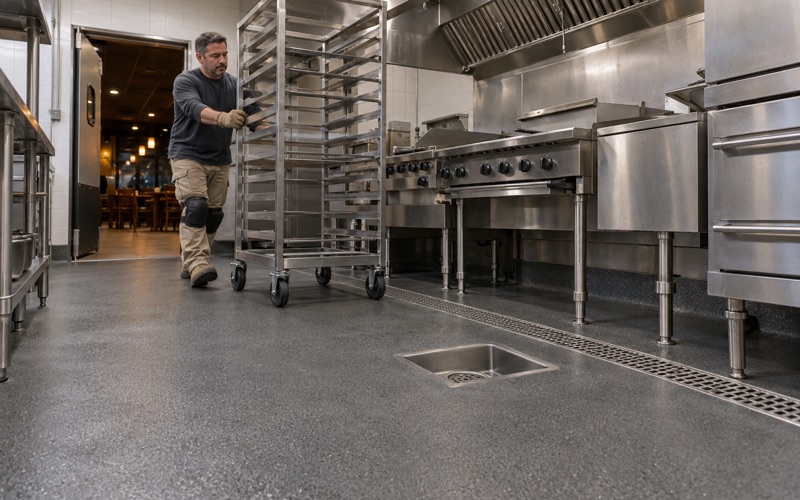A speed rack rolled over a new textured urethane cement floor and coved base in a Bolingbrook restaurant kitchen.