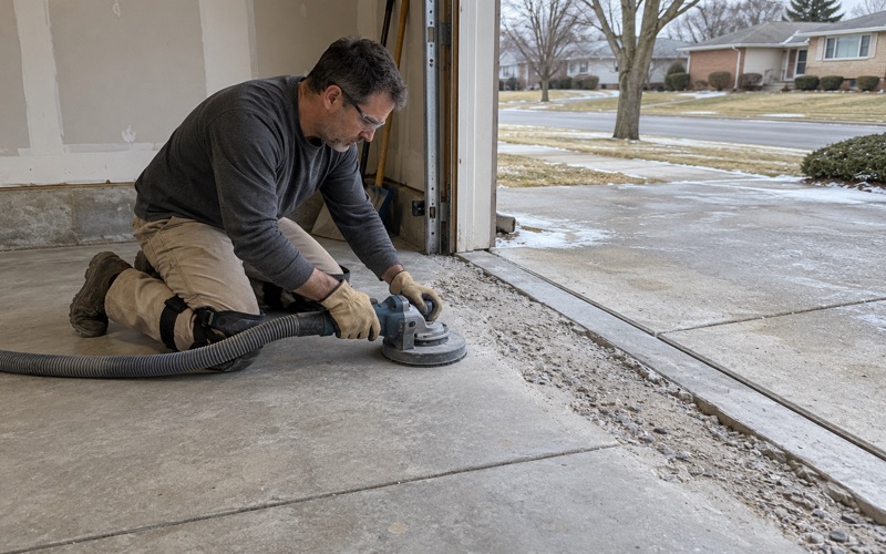 Salt-spalled concrete at a Bolingbrook garage door threshold being cut back to sound concrete before repair.