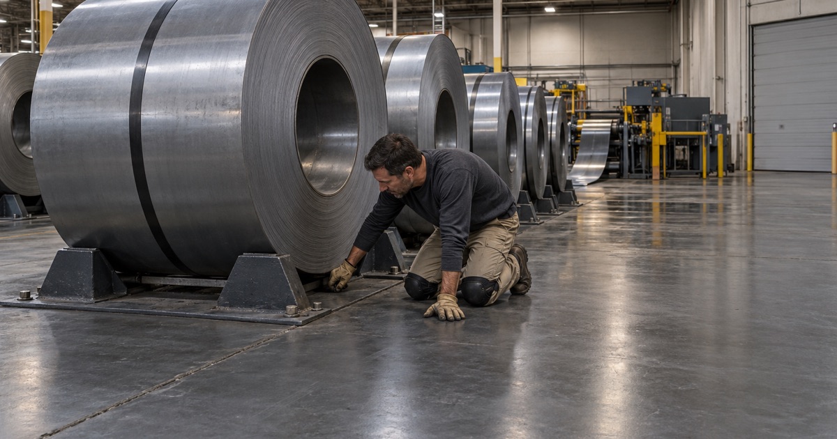 A steel coil resting in a floor cradle on an impact-resistant coated floor at a Bridgeview coil processing plant.