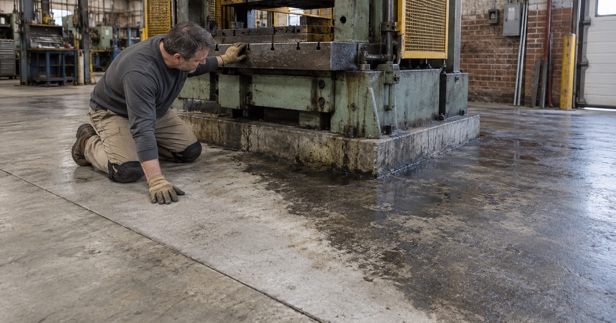 An oil-soaked slab at the foot of a stamping press in Brookfield, half degreased and ground before coating.