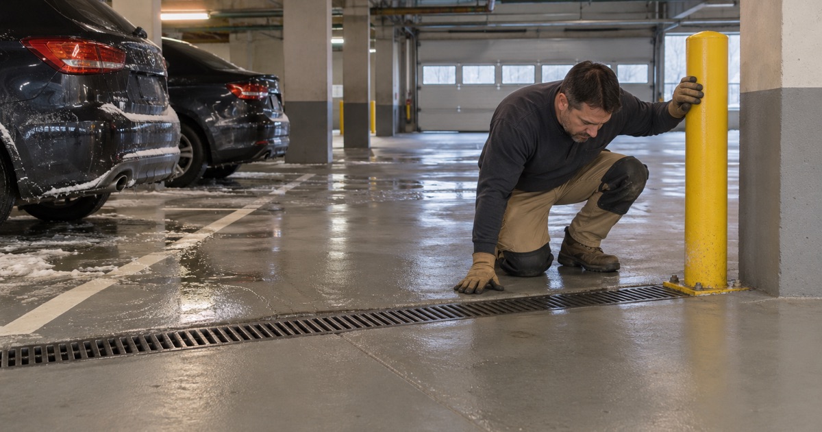 Melted snow draining toward a trench drain across the heated indoor garage of a Burr Ridge condominium in winter.