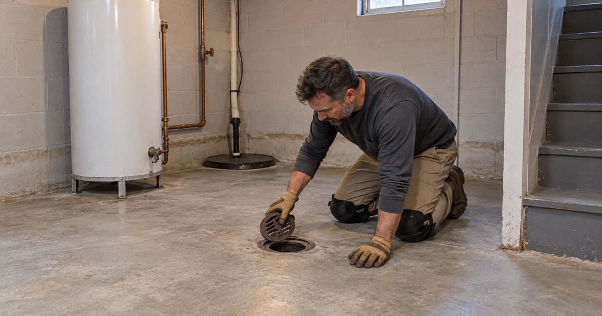 The floor drain at a Chicago Ridge basement slab, where floor-prep water would have to go