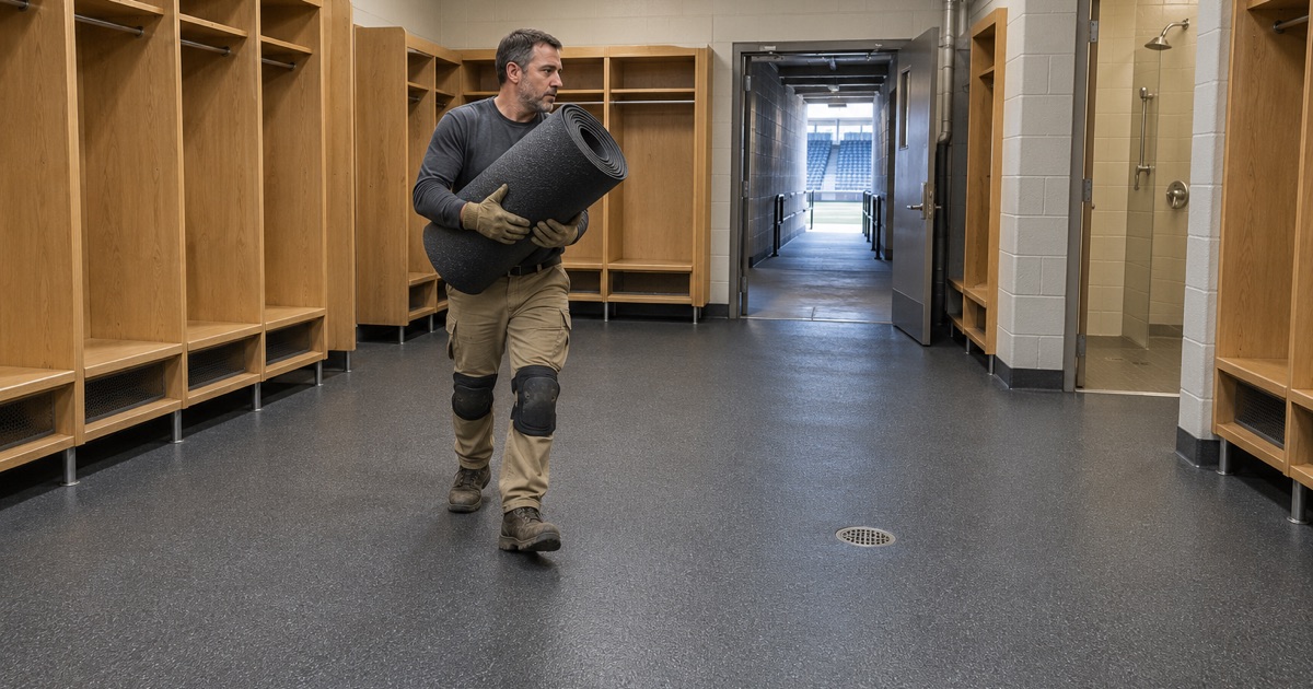 A rubber mat rolled up off the textured coated floor of a ballpark locker room in Crestwood.