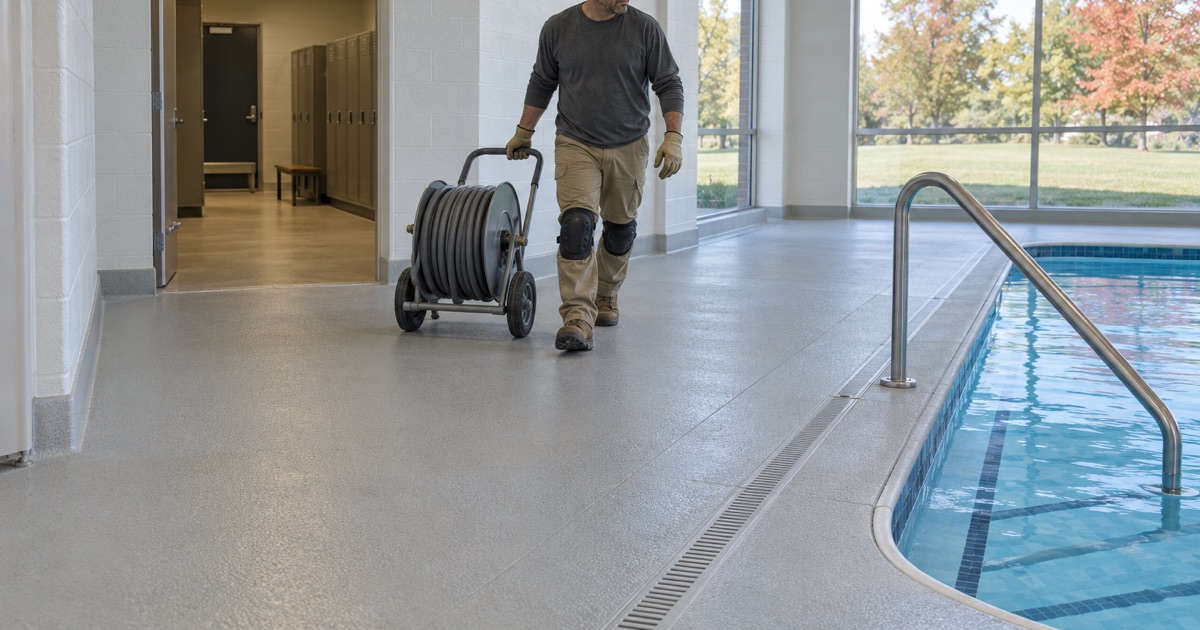 A new slip-resistant pool deck coating in a Forest Park recreation building, coved at the walls