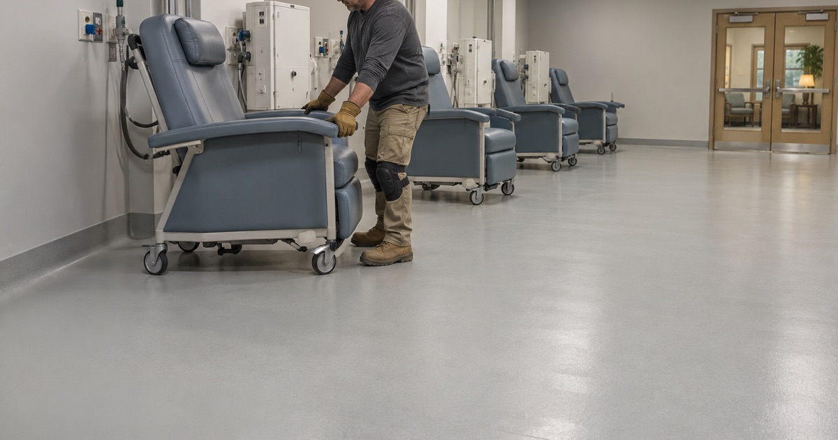 An empty dialysis treatment chair rolled out to show the seamless coved floor of a clinic in Hickory Hills.