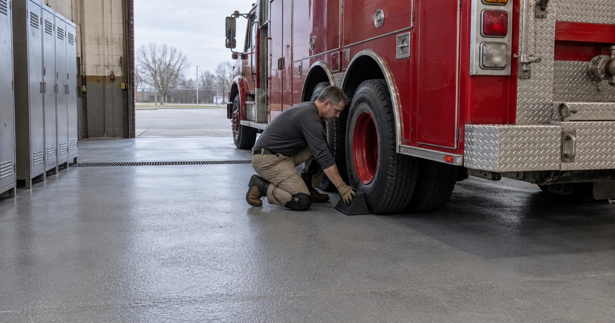 A wheel chock set at the rear dual tires of a fire engine on the coated apparatus bay floor of a Justice firehouse.