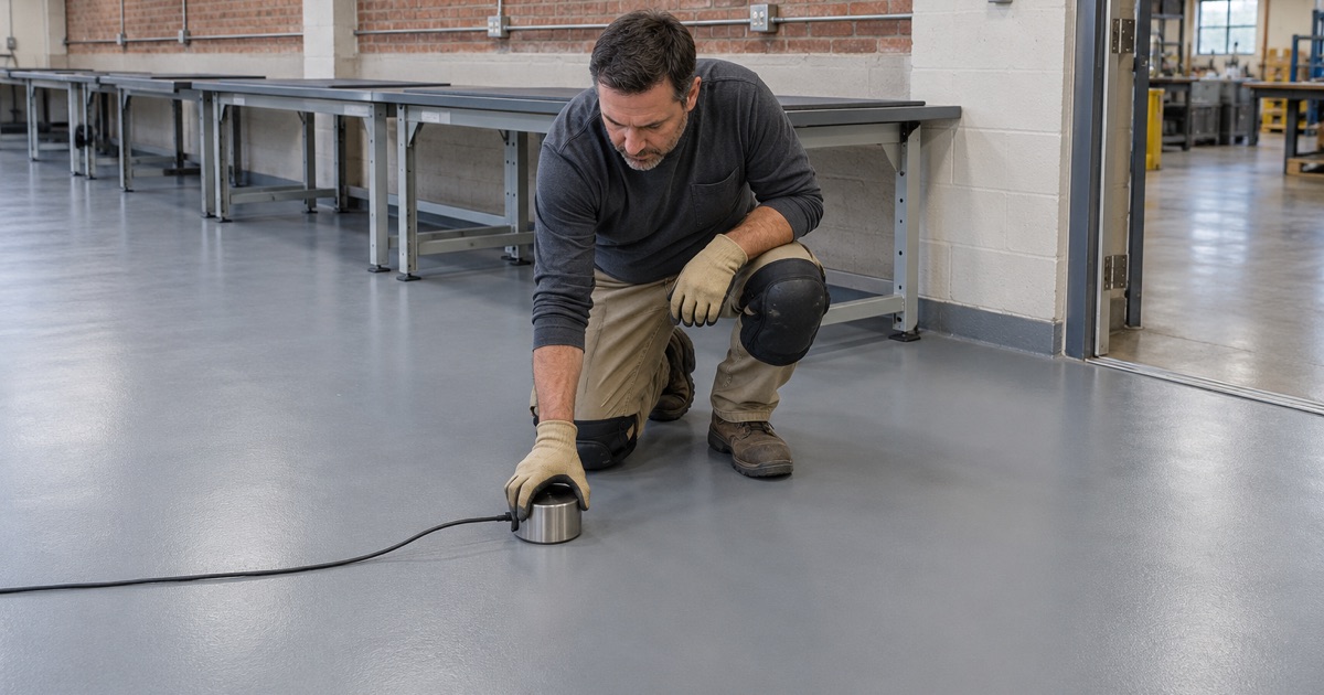 A resistance test electrode set on the static-control floor of an electronics assembly room in La Grange.