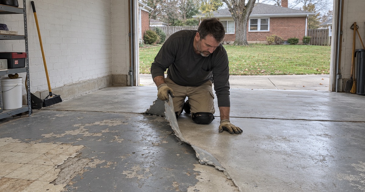 A Lyons garage floor cleared of an old peeling kit so nothing is hidden at the sale inspection