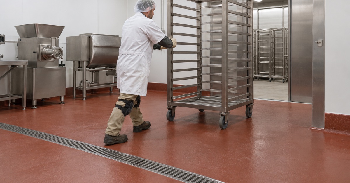 A stainless smokehouse truck rolled over a coved urethane cement floor in a Mokena food processing test kitchen.