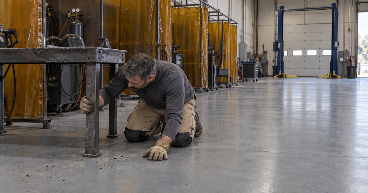 Weld spatter marks on the coated floor of a college welding and auto training shop in Palos Hills.