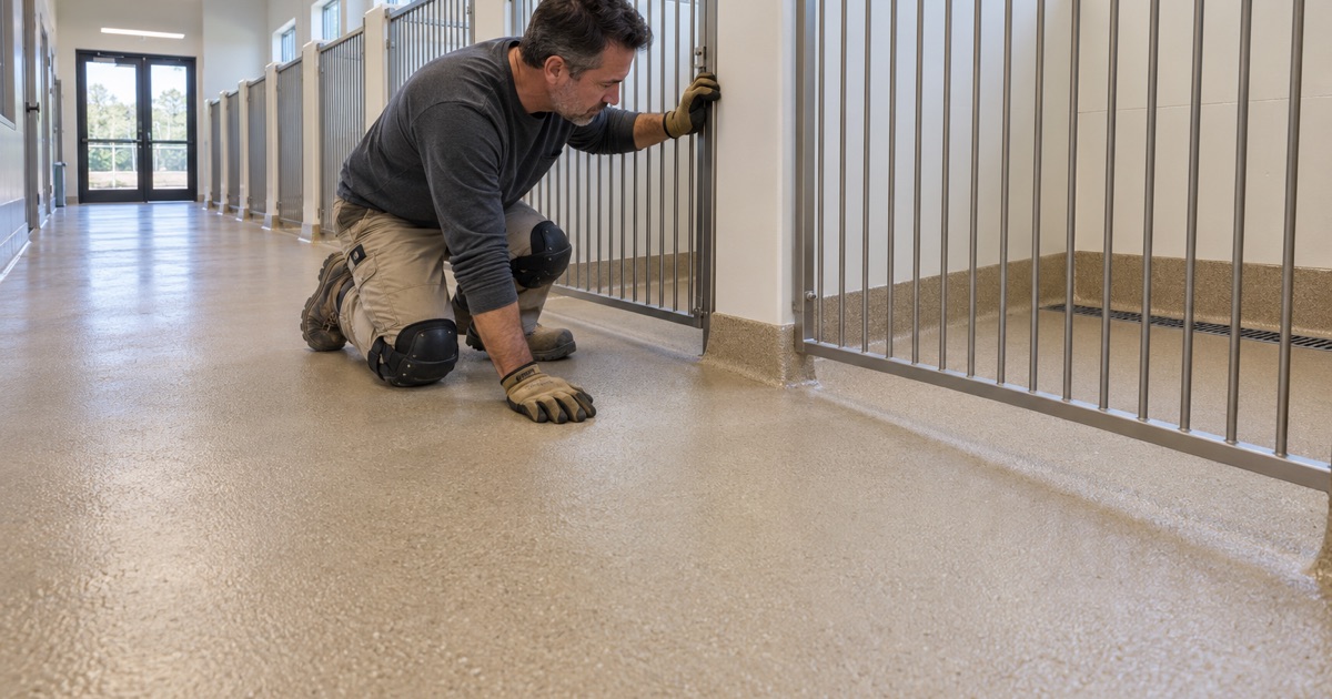 A seamless coved floor running into a dog run drain at a new boarding building in Shorewood.