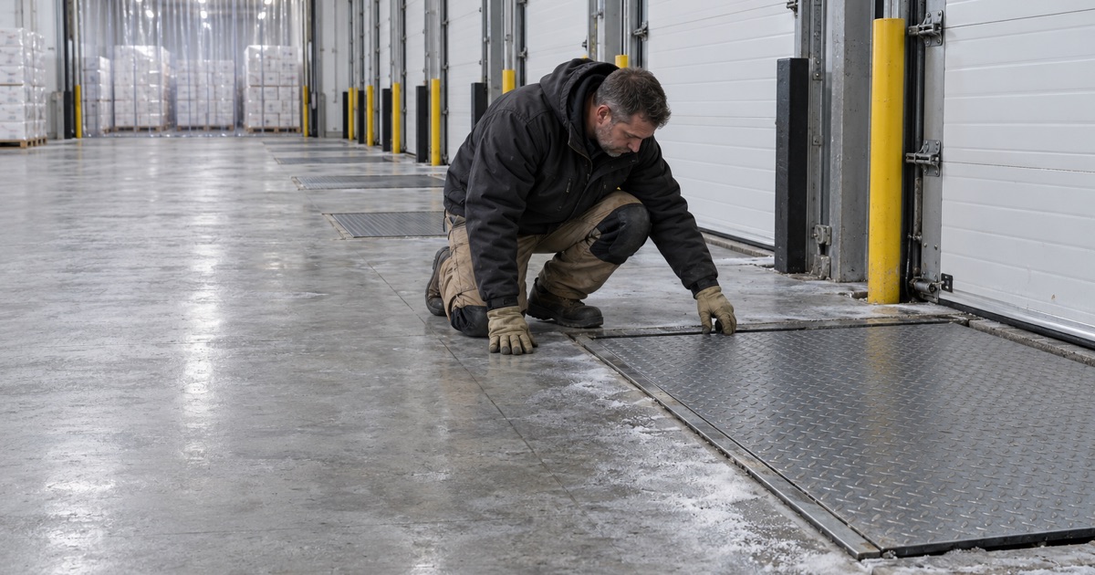 The dock line of a freezer warehouse in Summit, where the cold slab meets the warm air at the doors.