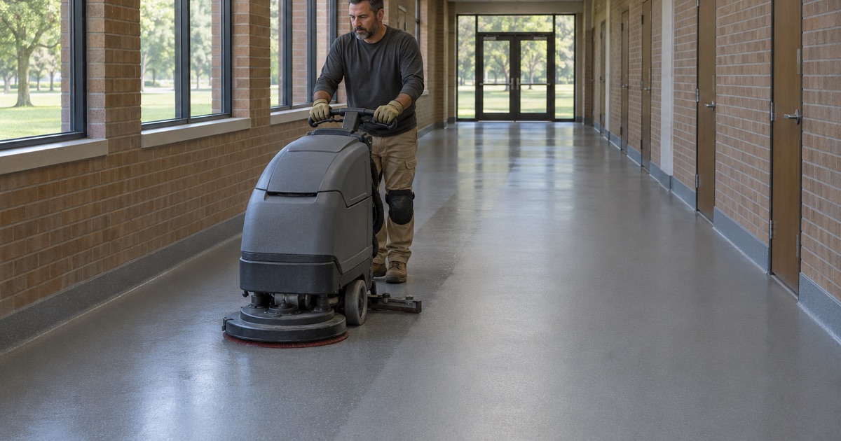 A wide coated concourse floor scrubbed down after a long day of foot traffic in a Warrenville building