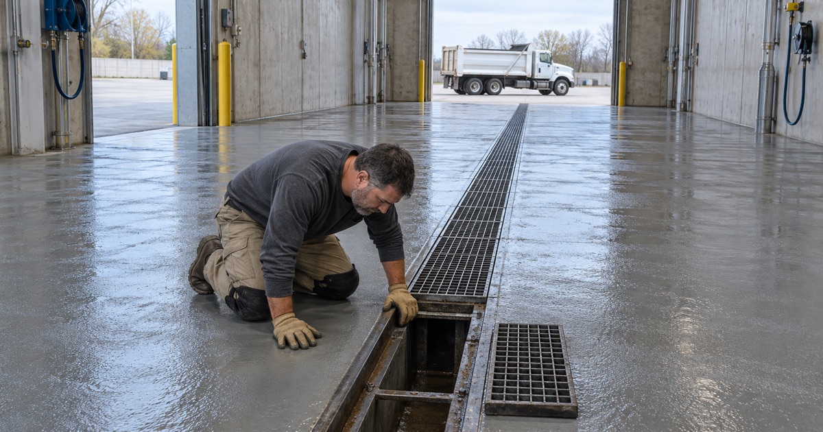 A trench drain grate lifted in the sloped, coated wash bay of a public works vehicle building in Wood Dale.