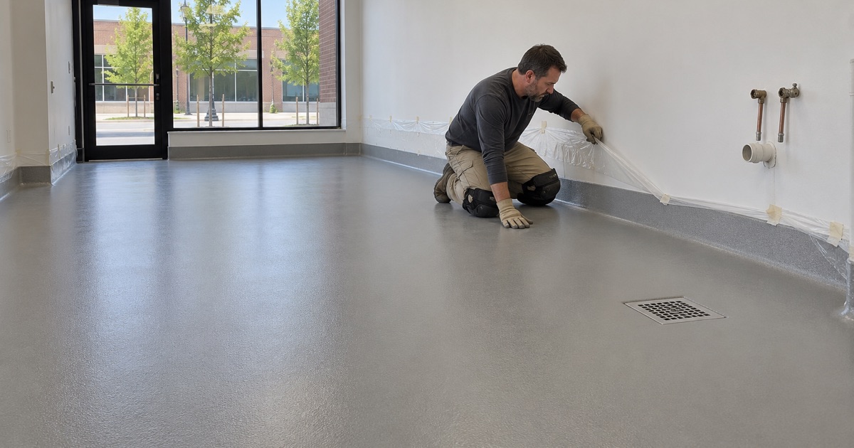 A chemical-resistant coved floor in a refitted Worth storefront, ready for salon sinks