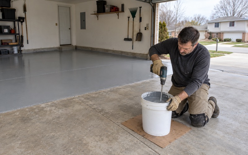 Two-part epoxy being mixed at the threshold of a Bolingbrook split-level garage, the ground slab behind already half coated.