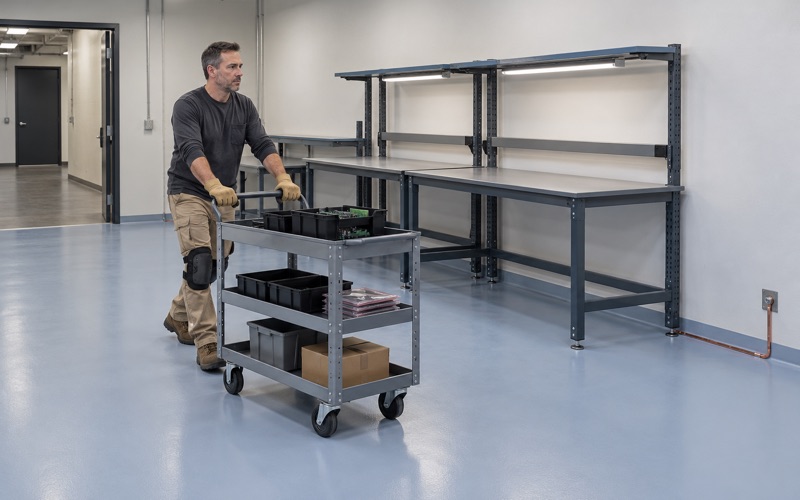 A parts cart wheeled across a new static-dissipative floor in an electronics repair room in Bolingbrook.