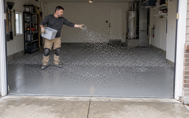 Vinyl flake broadcast across a wet gray base coat in a Bolingbrook attached garage, seen from the driveway.
