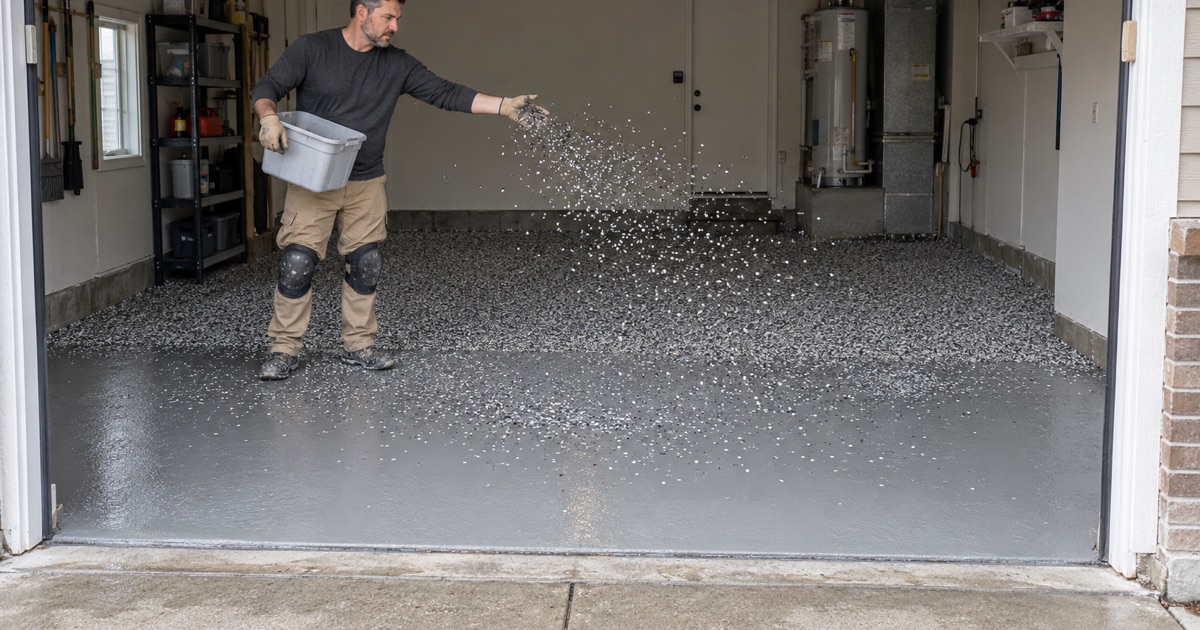 Vinyl flake broadcast across a wet gray base coat in a Bolingbrook attached garage, seen from the driveway.