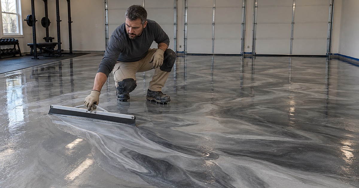 Silver and charcoal metallic epoxy being worked across a three-car garage turned home gym in Bolingbrook.