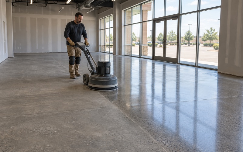 A burnisher bringing a polished concrete floor to a satin sheen in an empty Bolingbrook retail space.