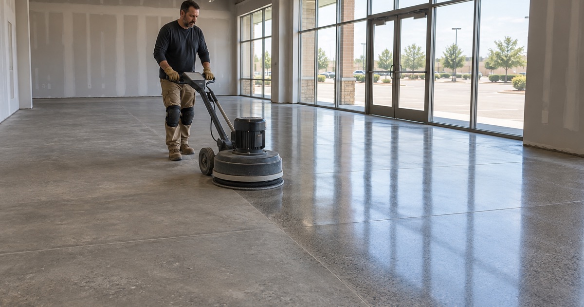A burnisher bringing a polished concrete floor to a satin sheen in an empty Bolingbrook retail space.