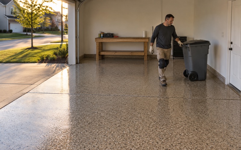 A trash cart wheeled back into a Bolingbrook garage the same evening its polyaspartic flake floor went down.