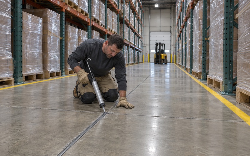 Semi-rigid joint filler being run into a saw-cut joint along a racking aisle in a Bolingbrook distribution warehouse.