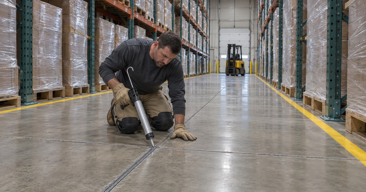 Semi-rigid joint filler being run into a saw-cut joint along a racking aisle in a Bolingbrook distribution warehouse.